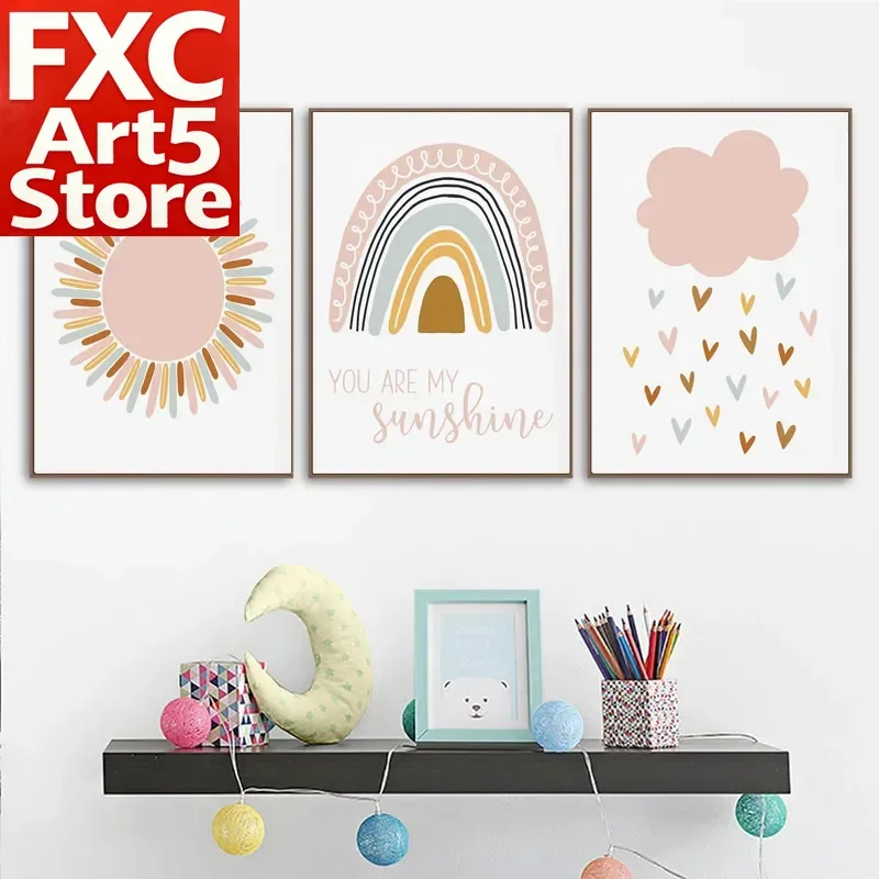 1PC Frameless Child Pink Sun Clouds Nursery Rainbow Poster Aesthetic Canvas Painting Wall Art Pictures Room Decoration Fanatical