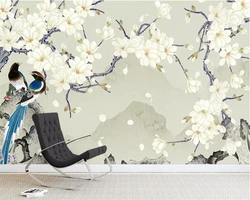 사용자 정의 크기 벽지 패션 꽃 새 지점 벽화 홈 장식 중국어 목련 나무 장식 그림 3d 벽지