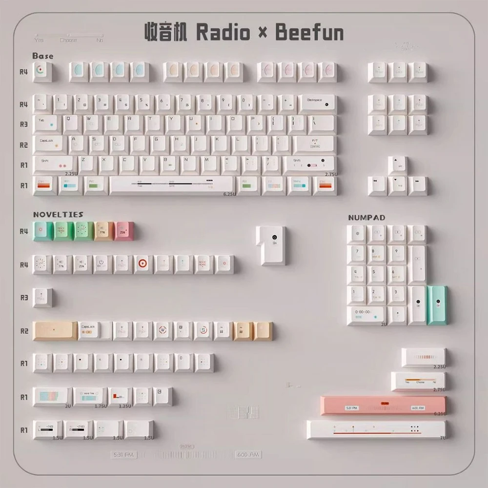 Radio Keycaps 144 Keys Dye-Sublimation Cherry Profile PBT Keycaps Off-White For MX 64/96/104/108 Mechanical Keyboard