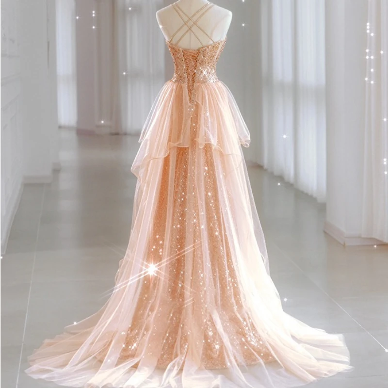 Роскошные вечерние платья цвета шампанского, золотое платье на тонких бретельках, русалка с бисером, лента с блестками, сексуальный шлейф, платье для невесты, пляжной вечеринки, выпускного вечера, 2025