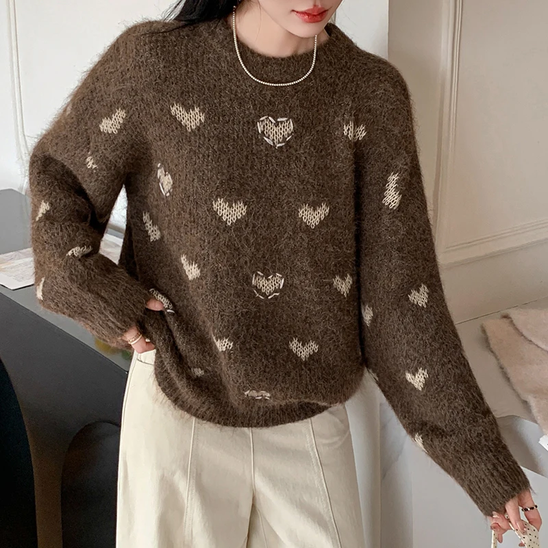 

Высококачественный свитер с сердечным узором, милый вязаный пуловер с заниженными рукавами, женские винтажные уличные топы с круглым вырезом, новинка 2025, ZT322