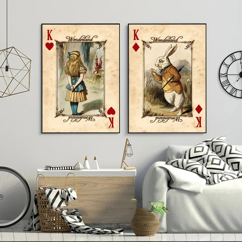 Pósteres e impresiones de Alicia en el país de las Maravillas, arte de pared, naipes divertidos, pintura en lienzo Vintage para sala de estar, decoración del hogar sin marco