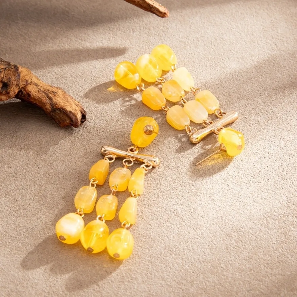 Chic Resin Bead Dangle Earrings Multi-Layer Bead Layered Statement Earrings Ornate Yellow Geometric Earrings Holiday