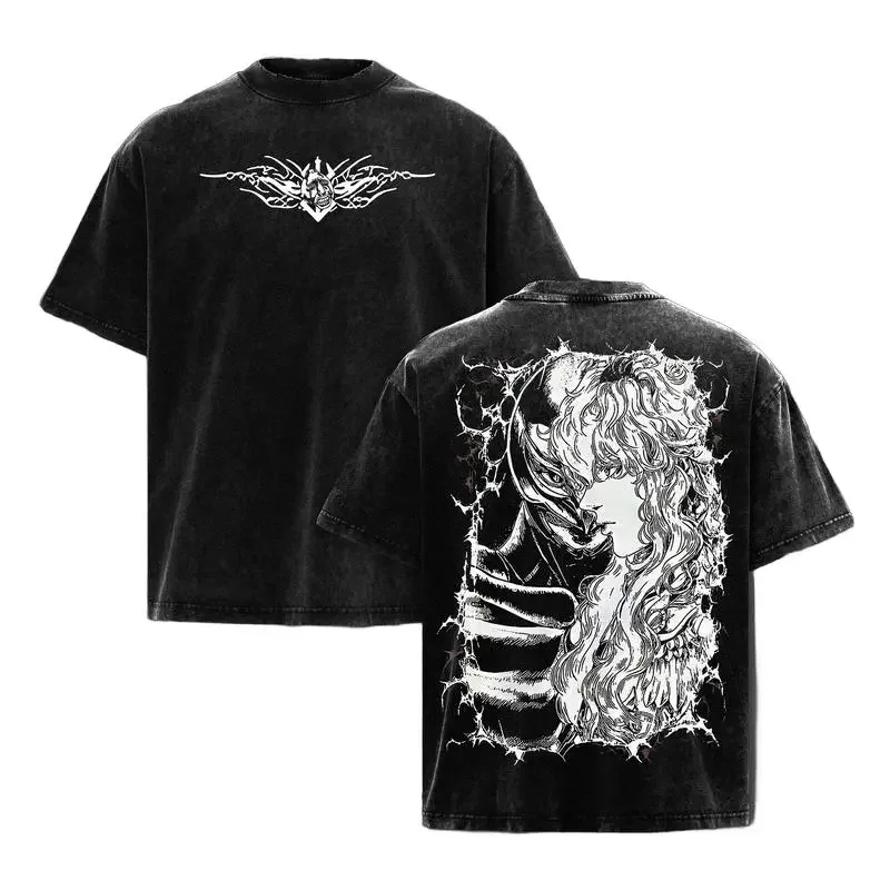 Hot Anime Berserk Griffith Femto Print T-shirt Men Women Tshirts Short Sleeve Cotton Clothing Retro Washed T Shirt Harajuku Tops