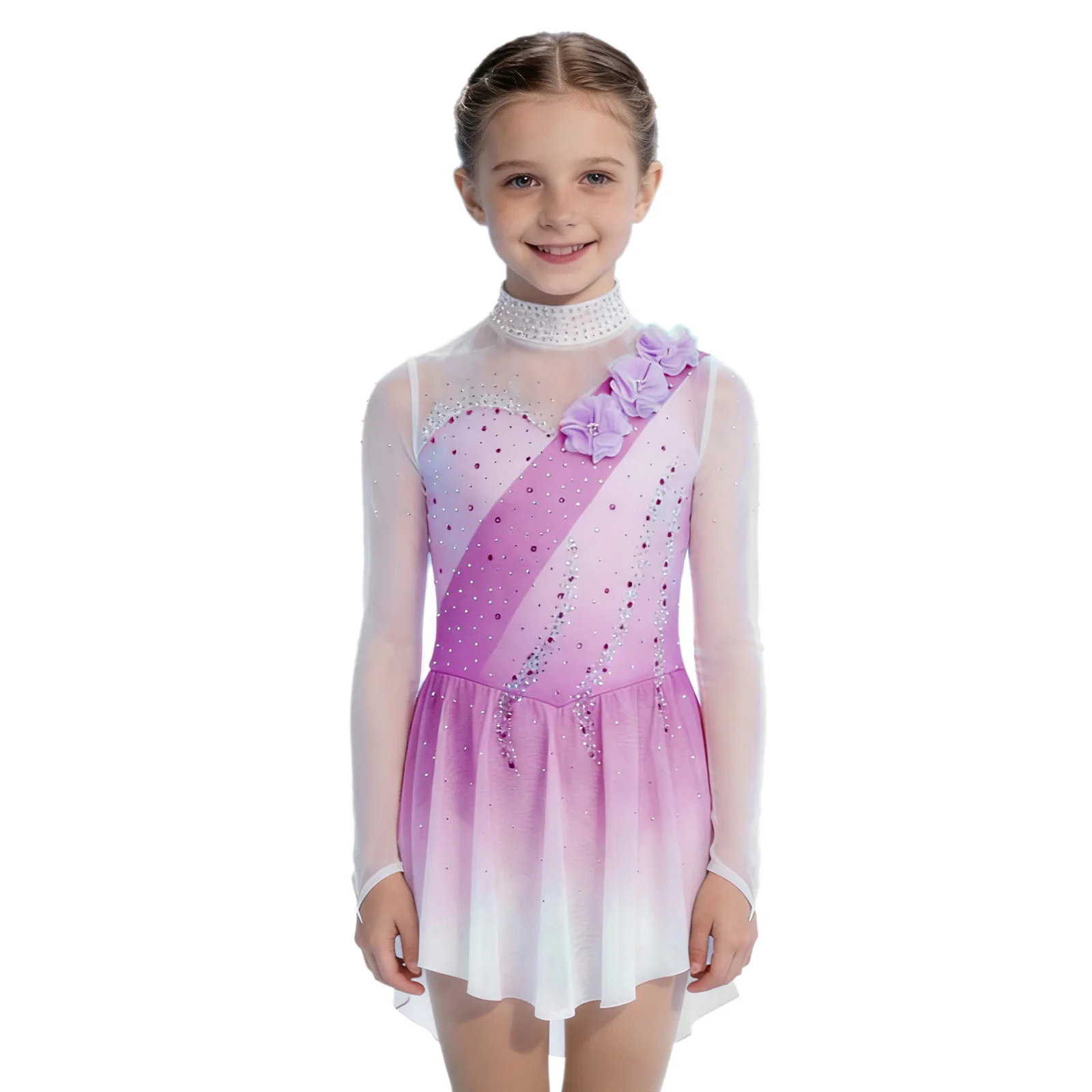 أطفال بنات غنائية الشكل التزلج الجمباز أداء زي بقماش شفاف طويلة الأكمام ثلاثية الأبعاد الزهور الراين فستان رقص