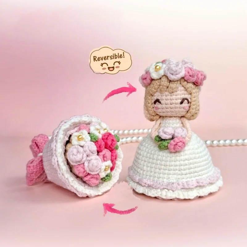 

Handmade Knitting Reversible Flower Bouquet and Bride Amigurumi Wedding Crochet Doll DIY Finished Yarn Craft Birthday Gift