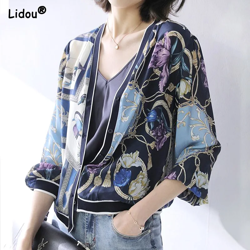 

Spring Summer Long Sleeve Printing Vintage Women Shirt Thin O-Neck Anime Women's Clothing 2022 Fashion Single Breasted Chiffon