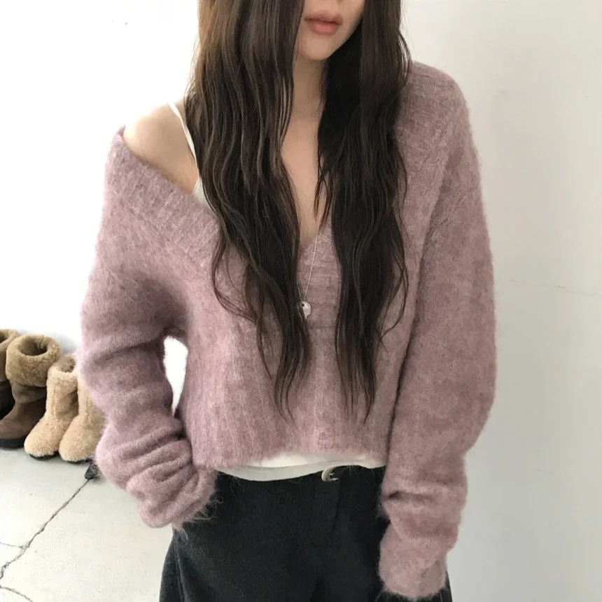 

Шикарный осенне-зимний свободный мягкий уютный свитер с глубоким v-образным вырезом и винтажным аосфера, антивозрастной повседневный свитер из полиэфирного волокна