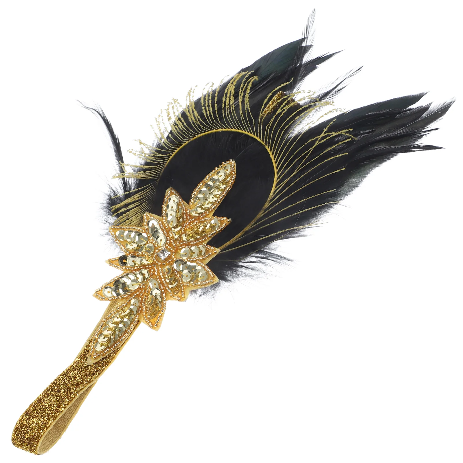Wedding Feather Headband Vintage Style Headbands for Women Beaded Fold Elegant Headwear Fancy Crystal 1920 Headpiece Black Gold