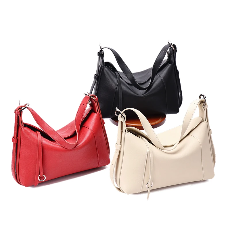 New Women's Genuine Cowhide Leather Curved Hobo Shoulder Bag Luxury Designer Smooth Leather Adjustable Strap Underarm Handbag