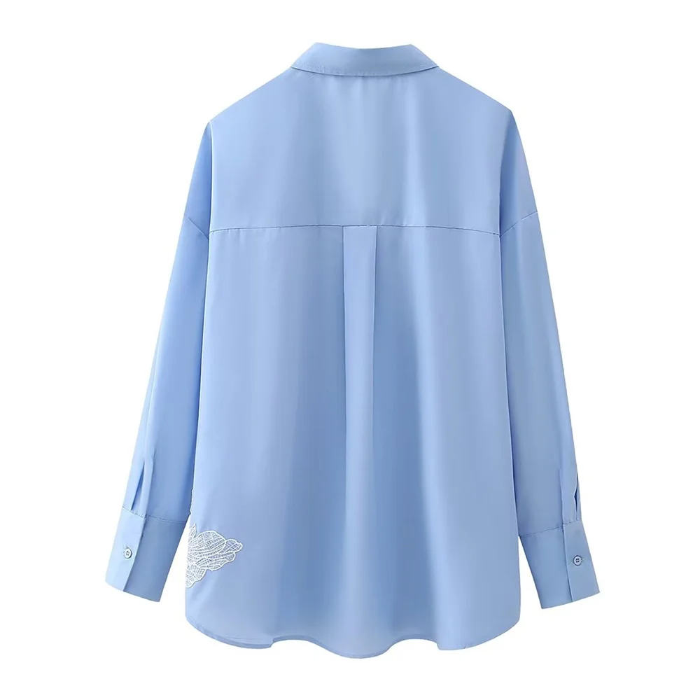 UNIZERA2024 Spring New Product Women's Fashion Simple Flip Collar Long Sleeve Embroidered Flower Decoration Solid Color Shirt