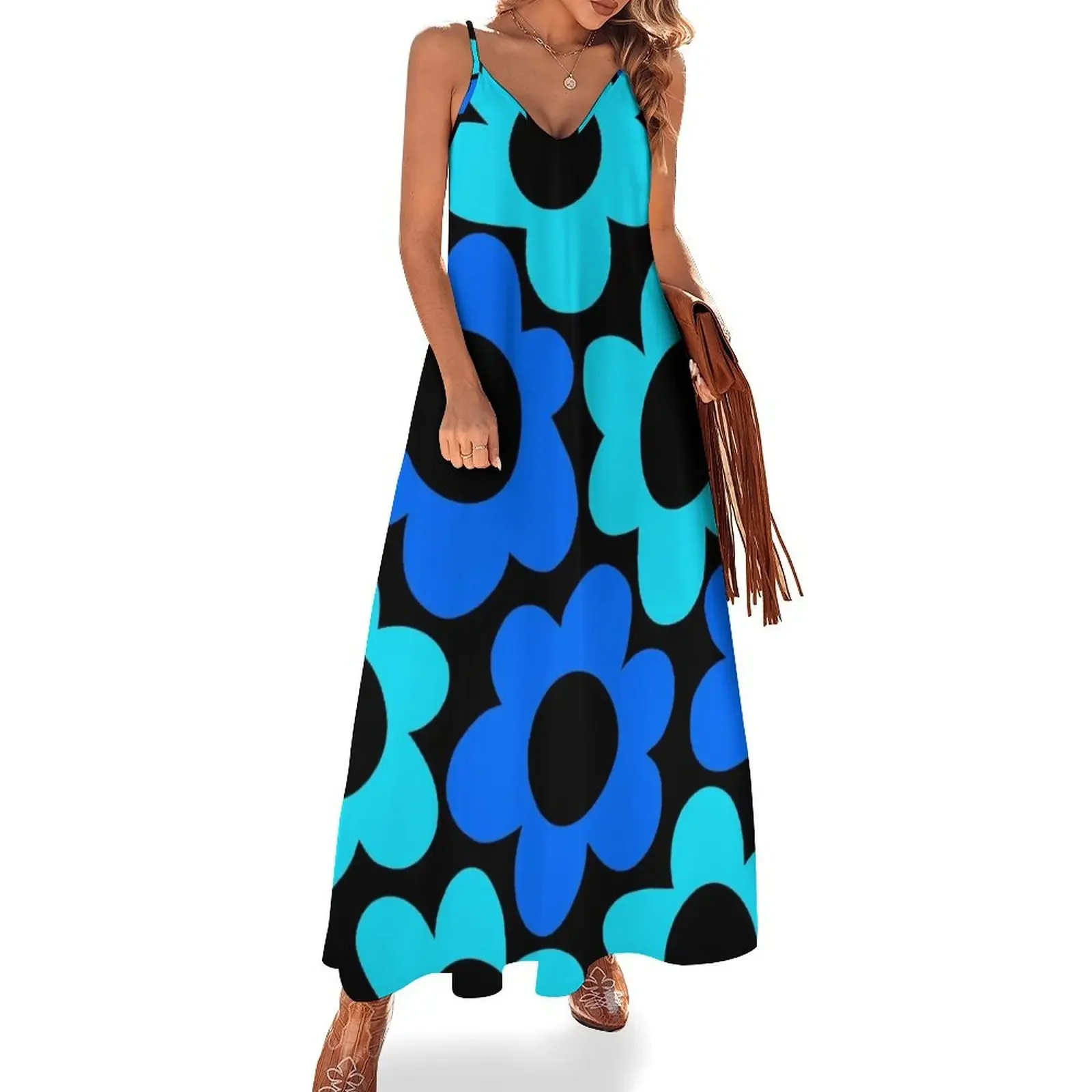 

Retro 1960's Blue And Aqua Flower Pattern On Black Sleeveless Dress cocktail dresses Clothing female