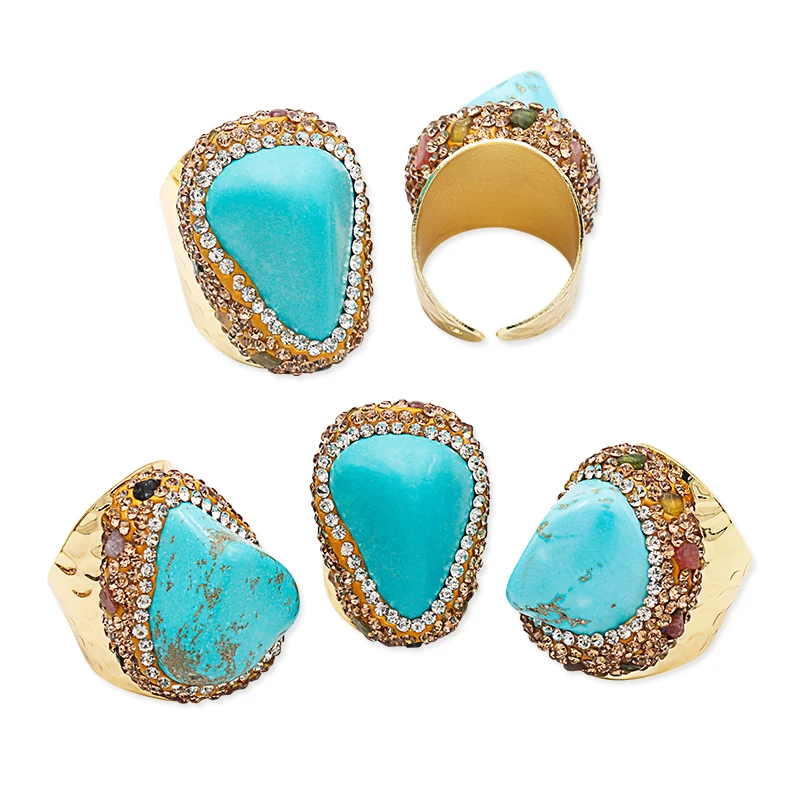 Turquoise Open Ring for Women Girls Gold-color Handmade Micro Inlay Chip Stones Finger Jewelry Party Wedding Gifts