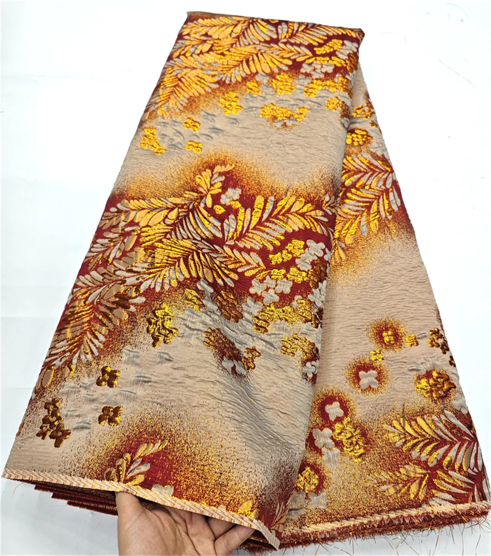 Orange African Brocade Jacquard Fabric Floral Damask Material Nigerian Gilding Lace Cloth Brocard Tissu 5 Yards Africain DJB72