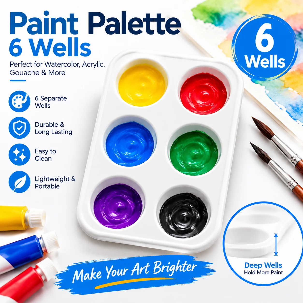 6-Well No-Wash Paint Palette Divided Gouache Watercolor Mixing Tray Detachable Art Plate for Kids Students Artists Art Supplies