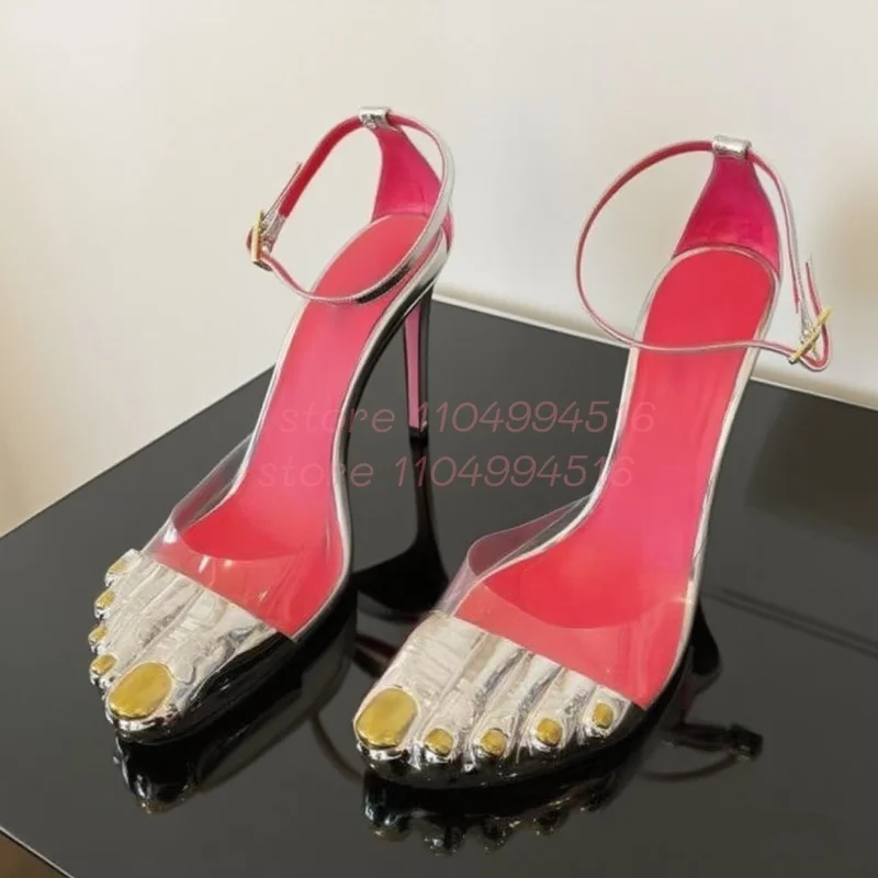 Golden Five Toes Patchwork Stiletto Sandals Women Pointed Toe Cover Heel Ankle Strap Sandals Lady Elegant Sexy Party Dress Shoes