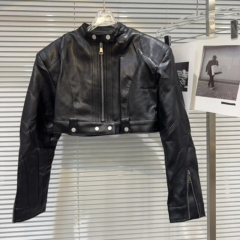 

American Vintage Pu Leater Jacket Women Street Motorbike Casual Zip Coat Long Sleeve Spring Fall Harajuku Y2K Cropped Top