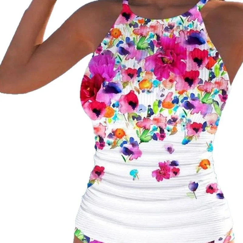 2025 Floral Printed Bikini Set Tummy Control High Waist Bottom & Triangle Vest Top Women's Sexy Swimwear for Beach & Pool Shirts