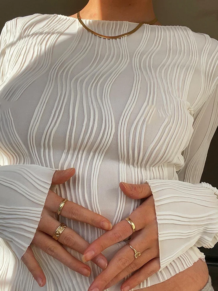 T-shirt a maniche lunghe con volant casual moda donna camicette donna bianca skinny camicia corta con fondo autunno Y2K top vestiti