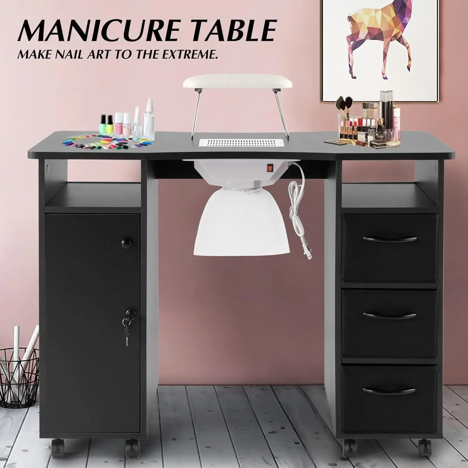 Artist Hand Manicure Table, Nail Beauty Manicure Desk, Nail Tech Table Station with Electric Downdraft Vent, Wrist Cushion,