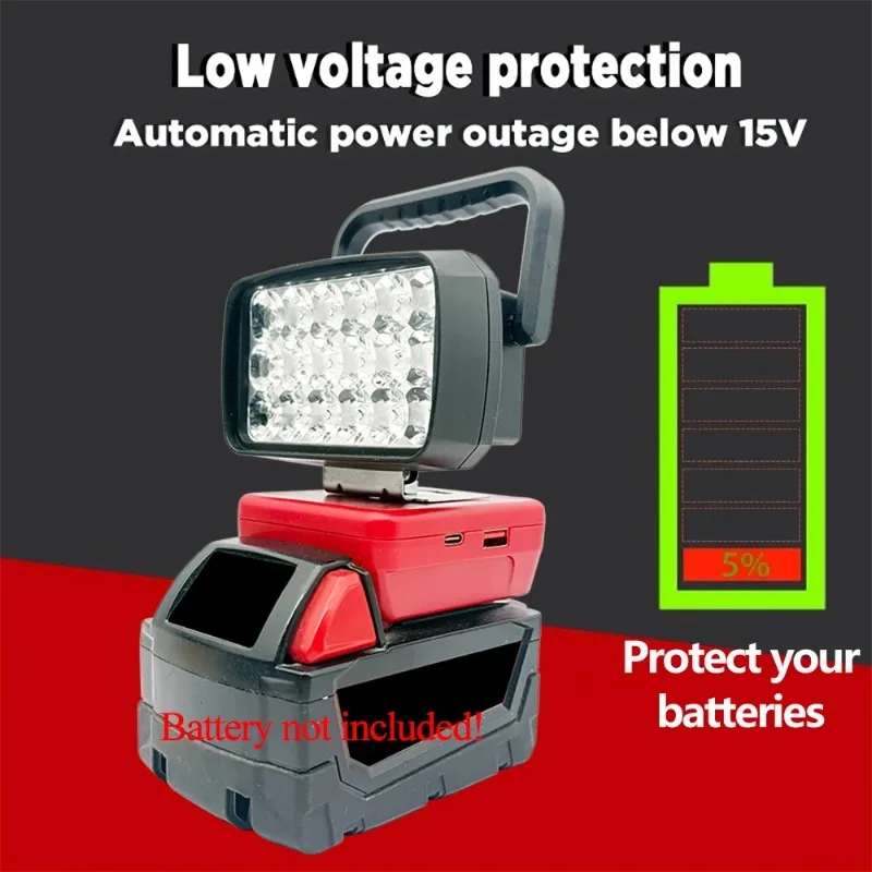 Portable LED Work Light Construction Site Light for Makita/Milwaukee/DL 18/20V Li-ion Batteries for Camping with USB Type-C Port
