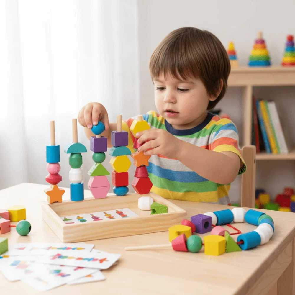Brinquedos de cognição em forma de cor geométrica, desafios interativos, blocos, jogo de quebra-cabeça, faça você mesmo, montessori, contas de madeira, brinquedo de sequenciamento