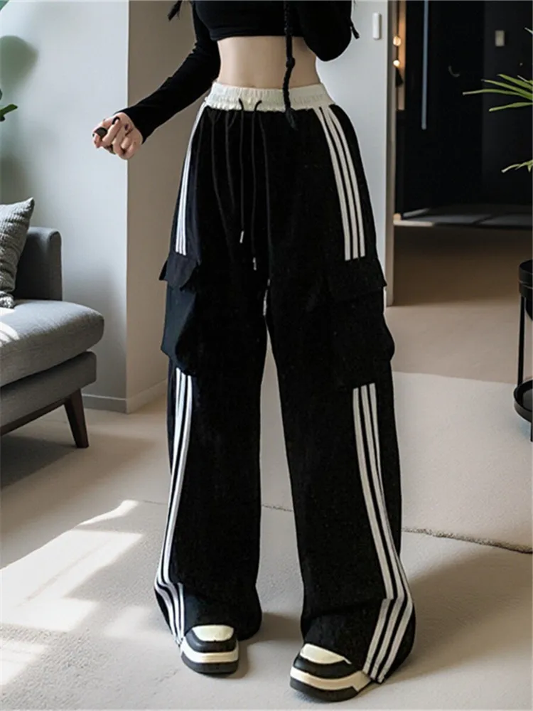 American Sle Striped Loose Casual Sports Pants Women's Autumn New Straight Leg Wide Leg Bla Pants Workwear Trousers