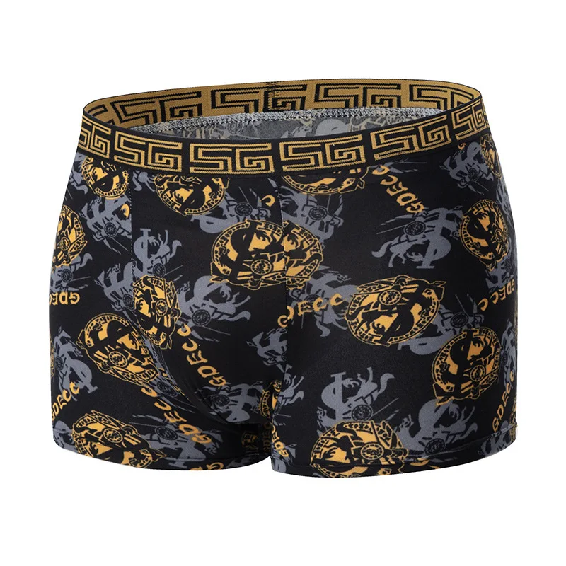 10pcs Men's Black Gold Printed Boxer Underwear, Comfortable and Versatile, Plus Size, Sexy Young Leisure Sports Beach