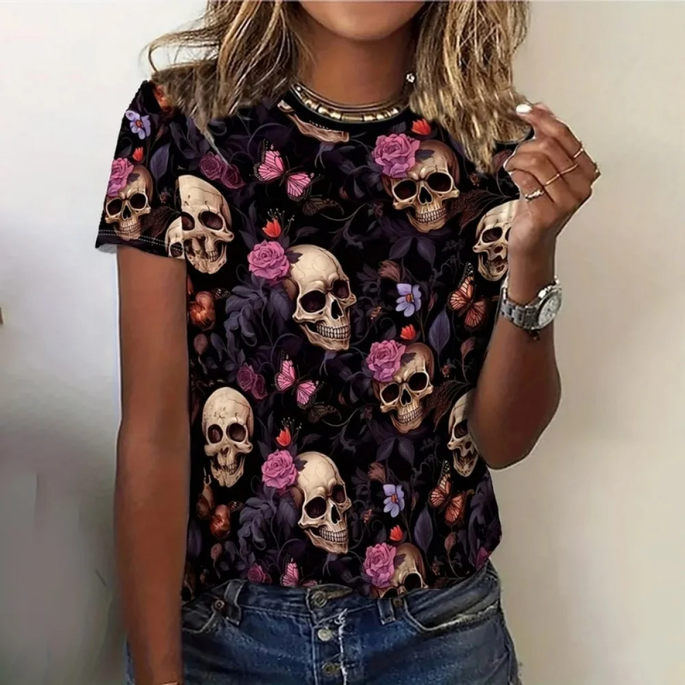 

Summer Fashion Short Sleeve Tops Casual 3d Skull Printed T-shirts Female Clothing O-Neck Streetwear Tees & Blouses Oversized