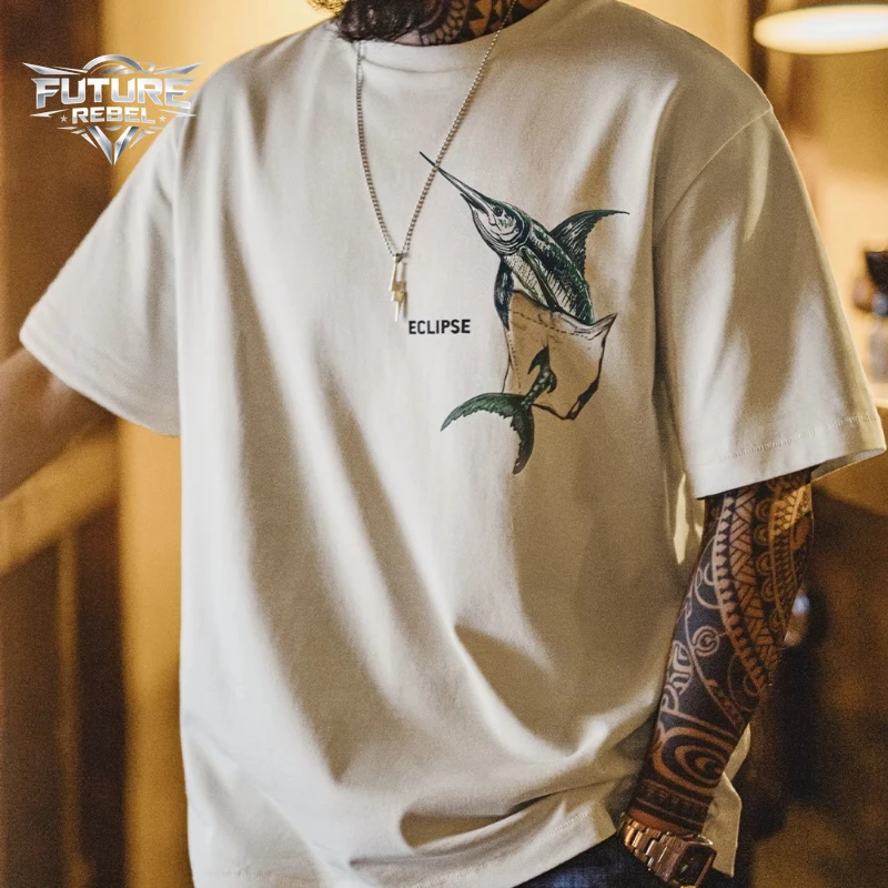 Mens T Shirt American Workwear Print Cotton Tee Harajuku Unisex Heavyweight Loose Fit Ribbed Collar Casual Summer Streetwear New