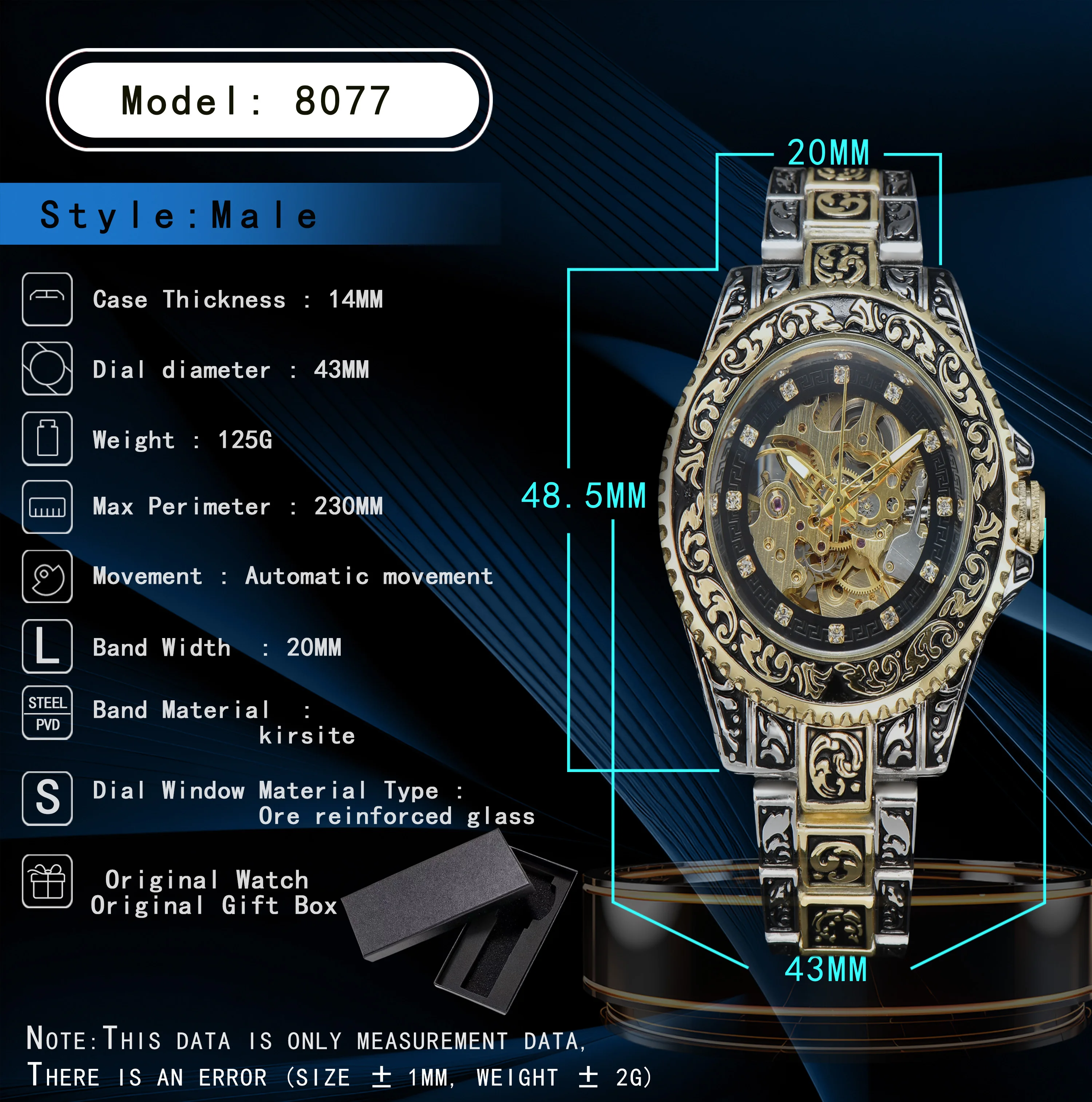 LONGLUX automatic watch luxury wholesale mechanical wristwatches stainless steel carve waterproof no logo mens watch men gift
