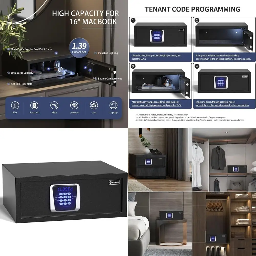 

Цифровой электронный замок для дома: стальной сейф с датчиком освещения и бесшумной работой - черный