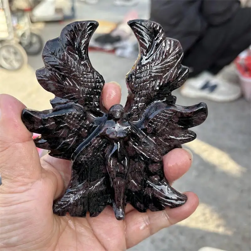 Natural Garnet Seraph Angel Carving Healing Reiki Stone Home Decoration Accessories Room Decor Gift 1PCS