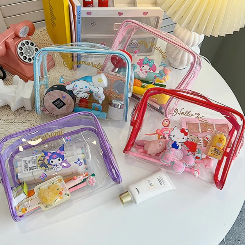 Sanrio Transparent Pencil Case Kawaii Anime Hello Kitty Kuromi Melody Waterproof Makeup Bag Cute Cartoon Travel Toiletry Bags