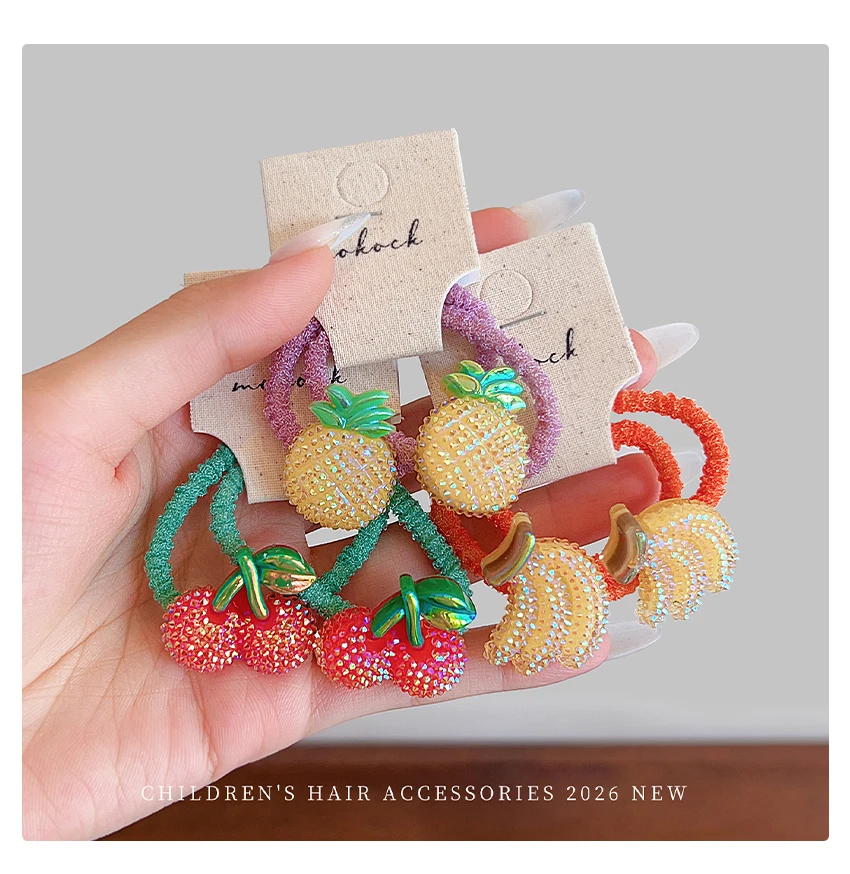 2026 Sommer 2er-Set Frucht-Blumen-Haargummis für Damen und Mädchen – Glitzernde Harz-Dekoration, hochelastisch, schadet dem Haar nicht, für Babys und Mädchen – Detail 2