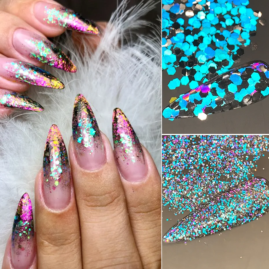 3D Luminous Hexagon Reflective Nail Sequins, Brilho no Escuro, Flocos, Pó De Pigmento, Sparkly Decoração De Unhas, Pigmento, Manicure, BEFG