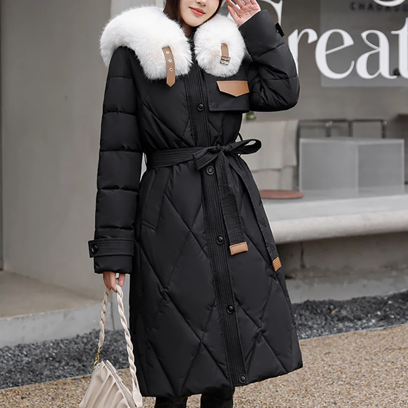 Fashion Warm Thickening Parkas Elegant White Collar Solid Slim Tie Up Waist Mid Length Coast Casual Autumn Winter 2023 Parkas