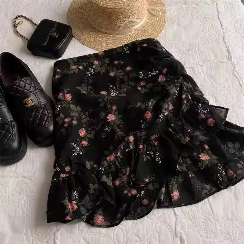 Französischer Vintage-Blumenrock mit Rüschen und Hoher Taille, Neuer Frühlings- und Sommer-Schlankheits-A-Linien-Fishtail-Minirock für Damen – Detail 9