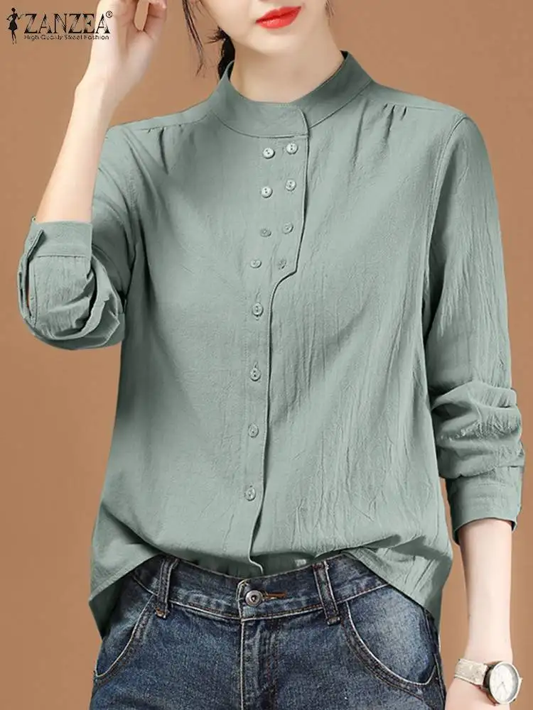 2024 ZANZEA Fashion Tops Long Sleeve Shirt Women Autumn Stand Collar Casual Solid Color Blouse Button Up Elegant Office Blusas