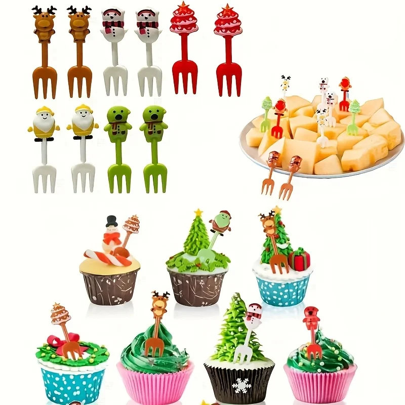 10/30pcs Plastic Xmas Cupcake Topper Christmas Fruit Forks Set Elk Snowman Santa Claus Cookie Toothpick Xmas Party Cake DIY Deco