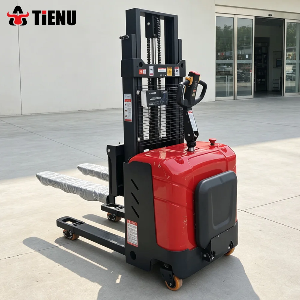 All Terrain Self Lifting Electric Stacker Featuring Adjustable Forks and a Compact Design Suitable for Warehouses and Factories