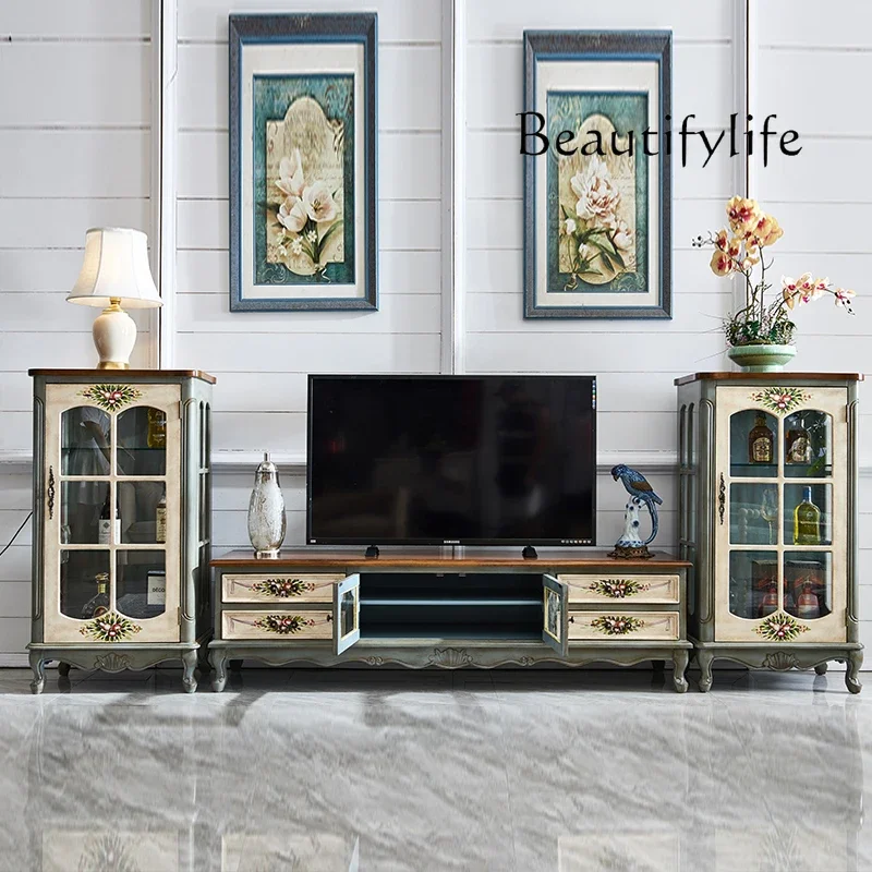

M TV Cabinet Combination Solid Wood Wine Cabinet Living Room Furniture Complete Set Small Apartment Coffee Table Floor Cabinet