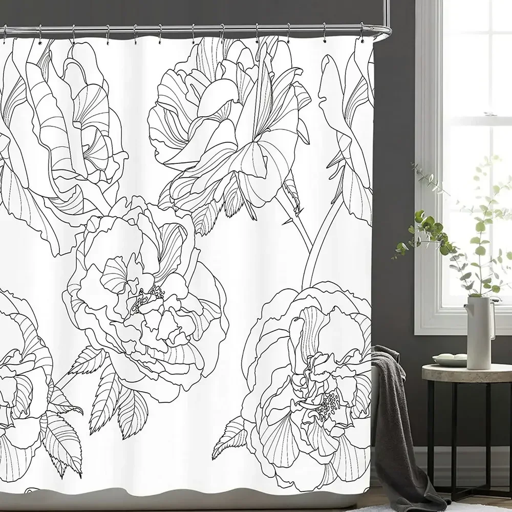 Black White Floral Shower Curtain Outline Rose Leaves Line Sketch Blossom Flowers Nature Vintage Art Home Waterproof Curtains