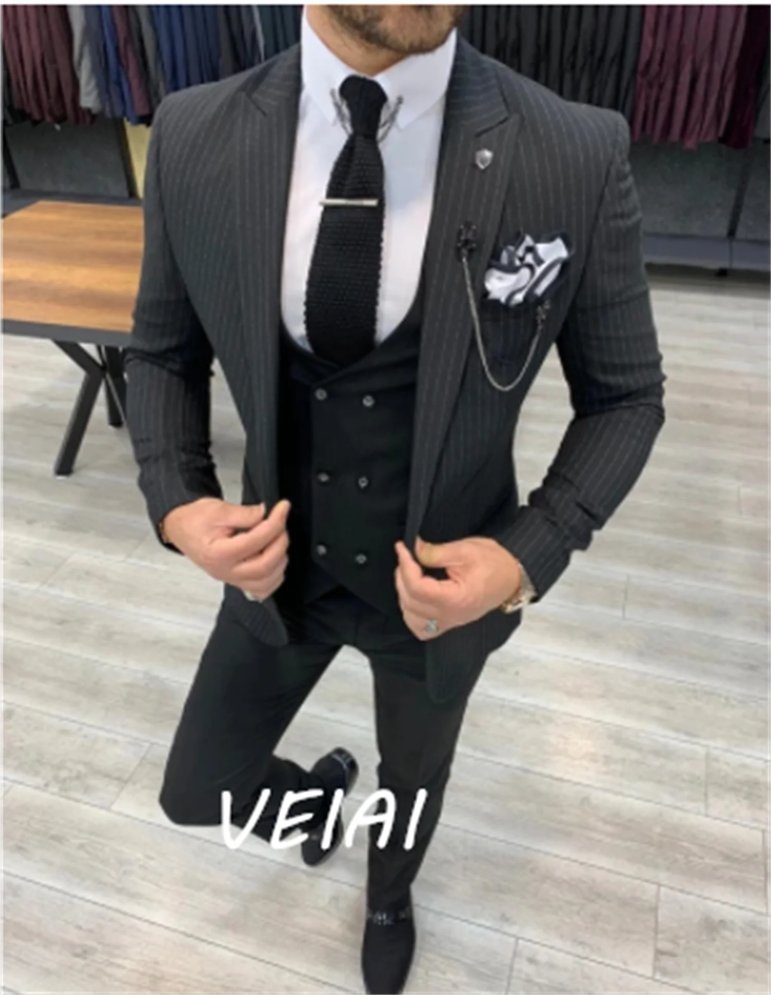

Customized3 Piece Slim Fit Men Suits with Striped Business Jacket Formal Groom Tuxedo for Wedding Dinner Male Fashion Vest with