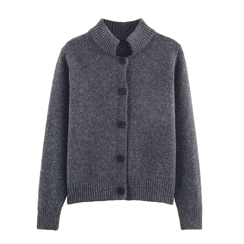 

Women's Jacket 2025 Autumn New Style Gray Long-Sleeve Stand Collar Simple Knitted Cardigan with Gold Thread Casual Fashion Relax