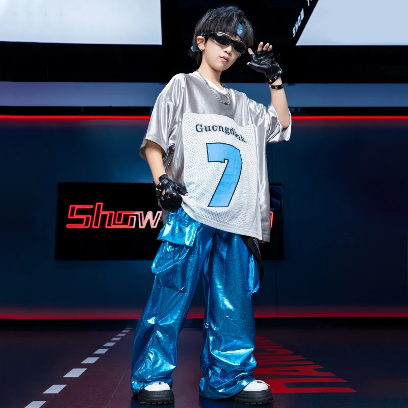 I bambini mostrano costumi Ragazzi Hip Hop Numeri T-shirt Ballo di strada Pantaloni larghi lucidi Ragazze Cool Streetwear Bambini Set di vestiti jazz