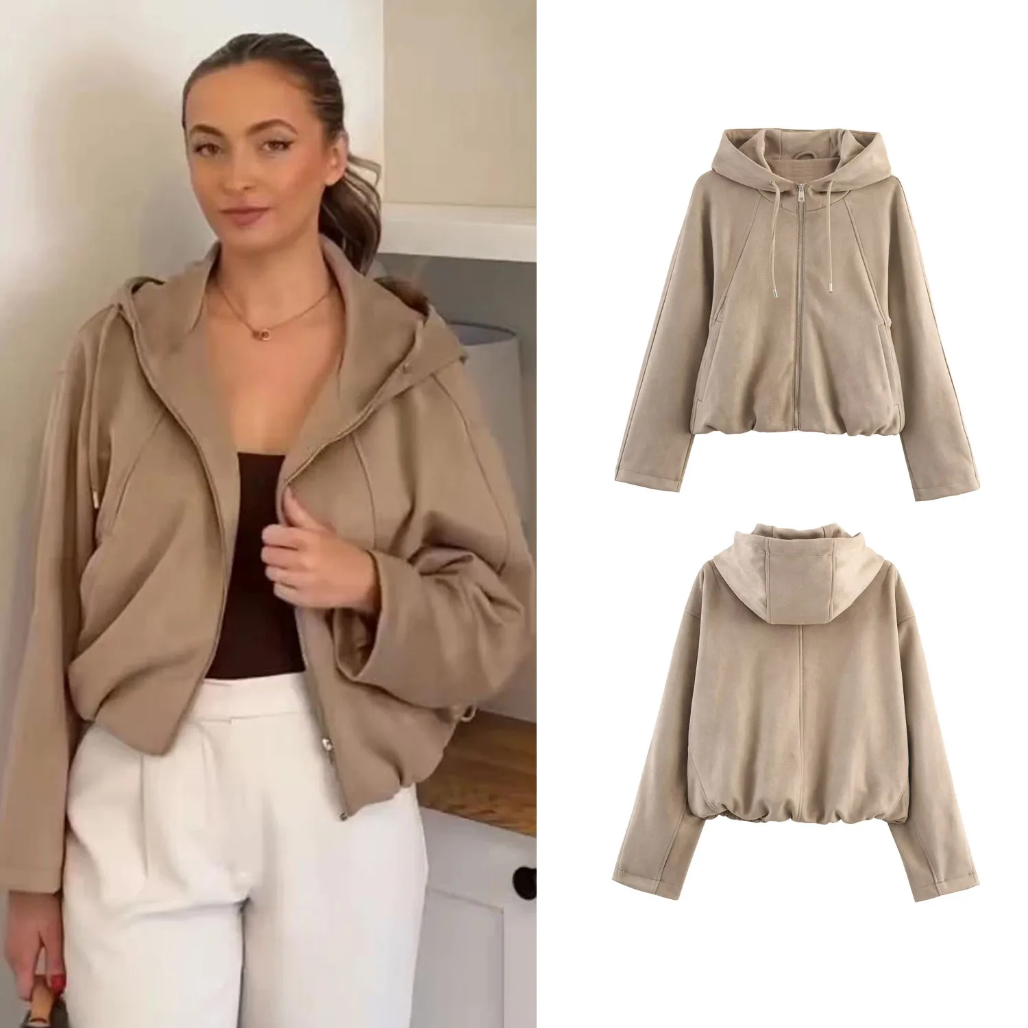 

Women's Casual Pilot Hoodie Jacket Coat Female Suede Surface Autumn Winter Zipper Coat Full Sleeves Loose Streetwear Fashion Top