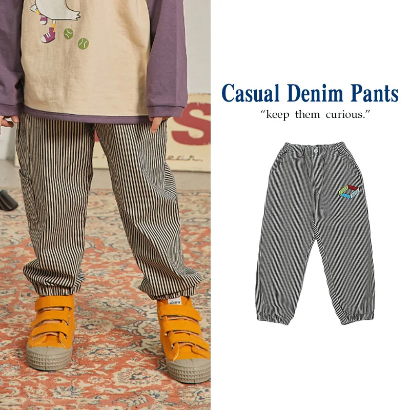 

Jenny&Dave Spot 23 Autumn New Children's Casual Pants, Children's Cartoon Letter Embroidery Stripe Loose Fit Jeans