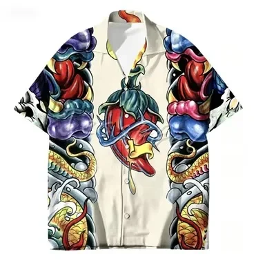 Fashionable New Dark Floral Snake Patterned Short Sleeved Shirt for Men, Niche, Trendy, Cool, Versatile Casual Shirt