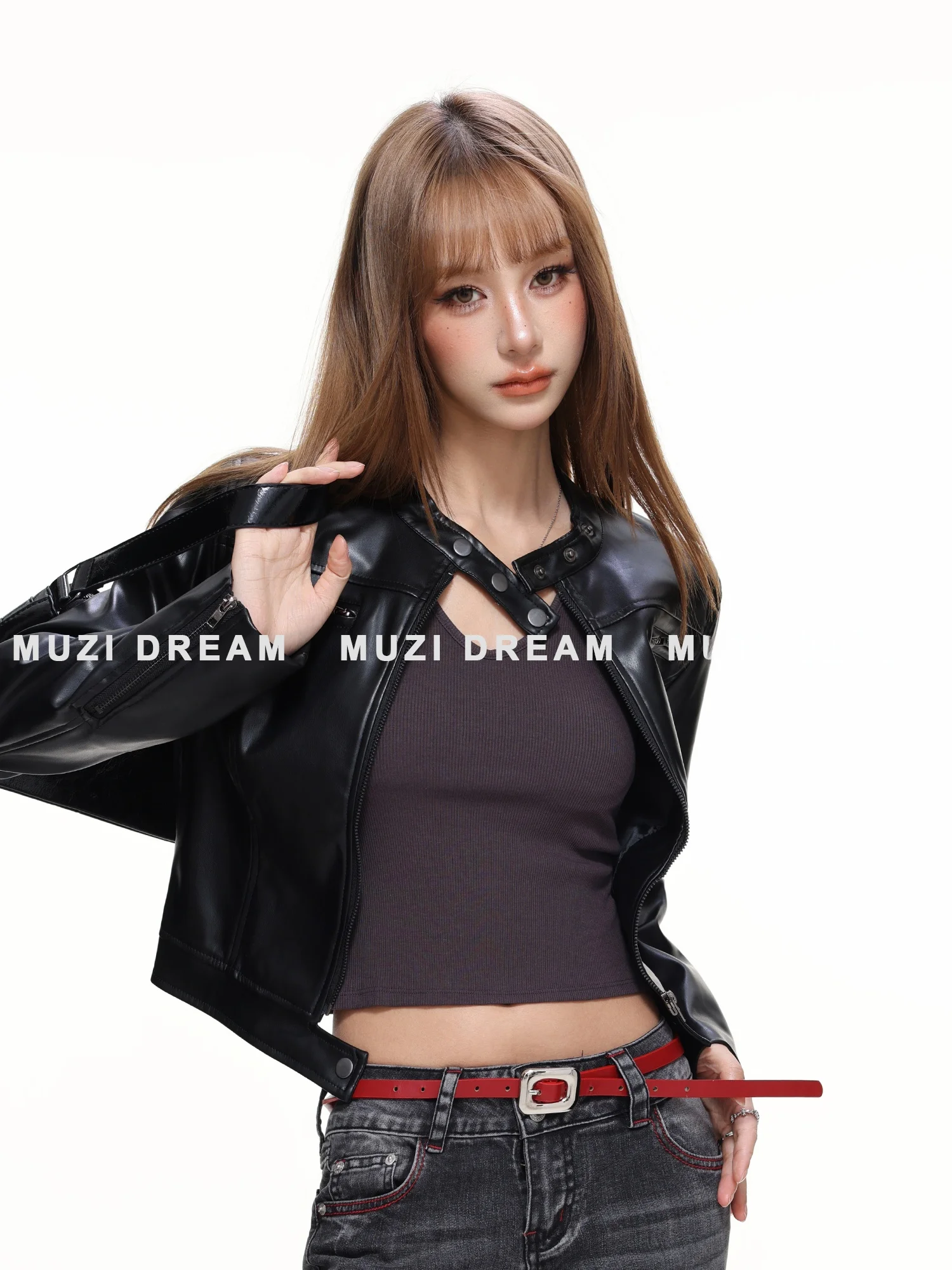 Bla American Sle PU Leather Jaet Women's Stand Collar Motorcycle Jaet ort Top Muzidr 2025 Autumn New Arrival